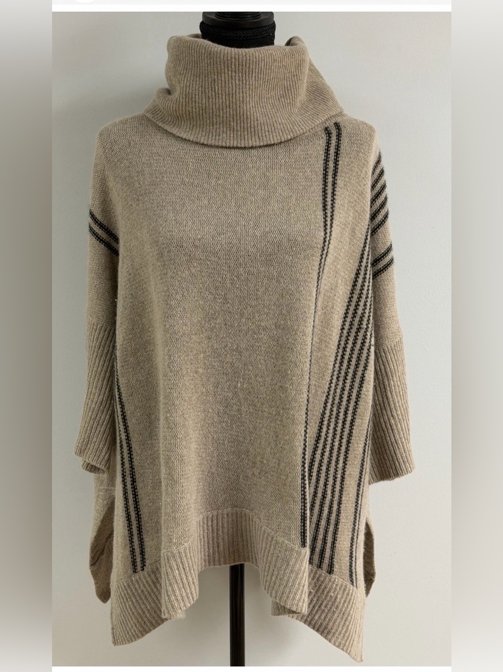 360 Cashmere Cowl Neck Sweater Poncho Oatmeal Black Striped Ribbed Knit Size M